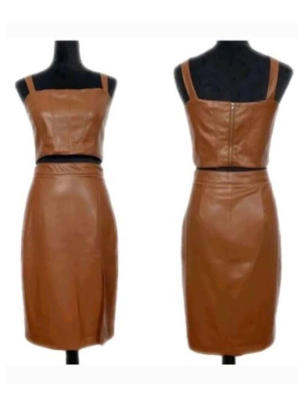 Jason Wu Faux Leather Fall Autumn Set Brown Crop Midi Pencil Skirt Vegan Large